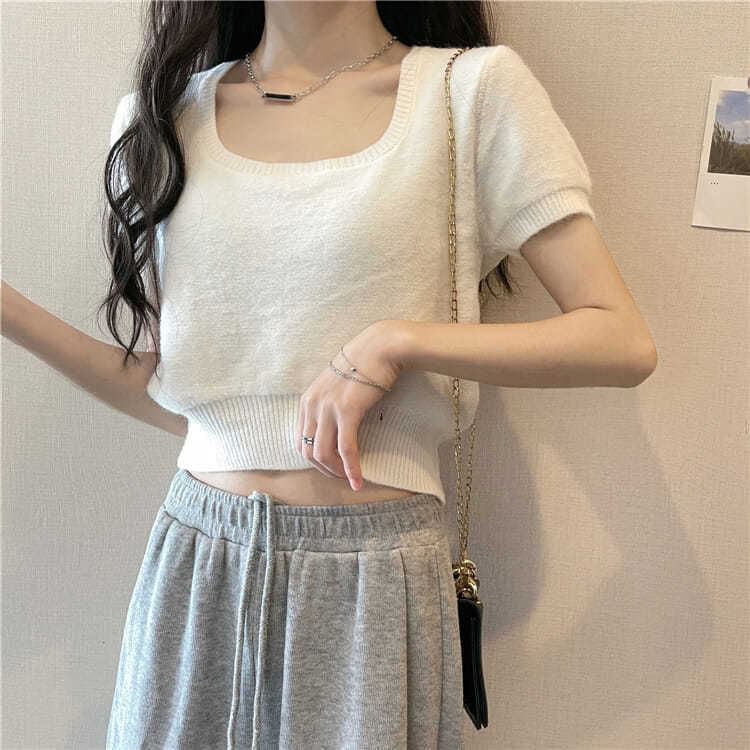 Plain Square-Neck Short-Sleeved Knit Top