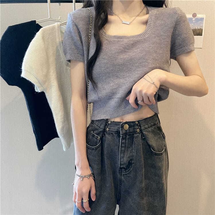 Plain Square-Neck Short-Sleeved Knit Top