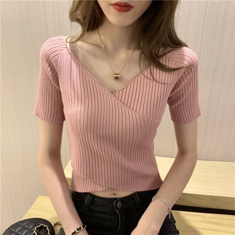 Ribbed Plain V-Neck Short-Sleeved Cropped Knit Top