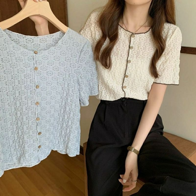 Lace Button-Up Blouse with Puff Sleeves and Contrast Trim
