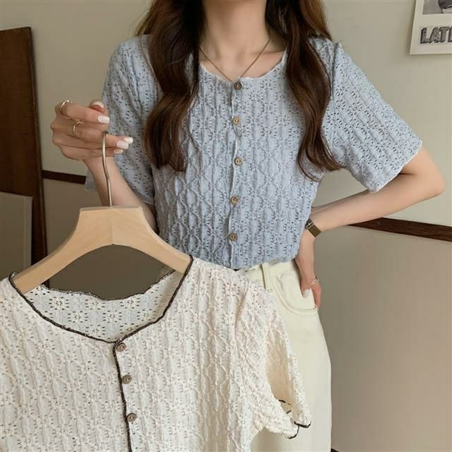 Lace Button-Up Blouse with Puff Sleeves and Contrast Trim