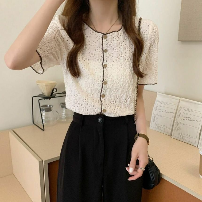 Lace Button-Up Blouse with Puff Sleeves and Contrast Trim