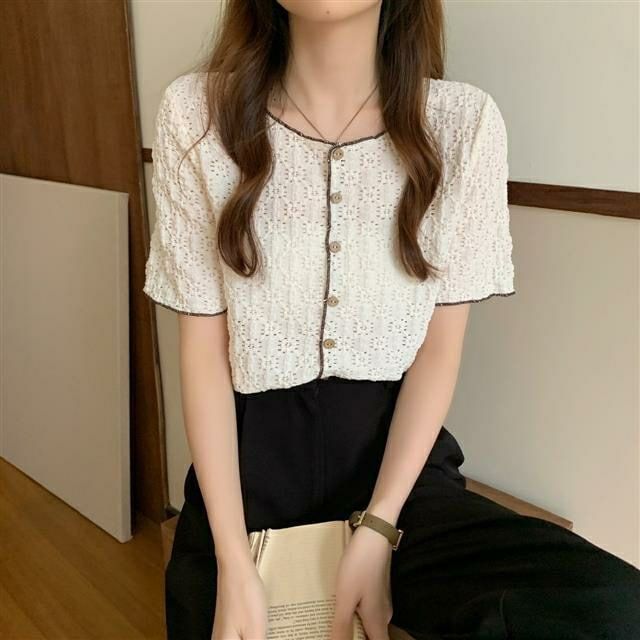 Lace Button-Up Blouse with Puff Sleeves and Contrast Trim