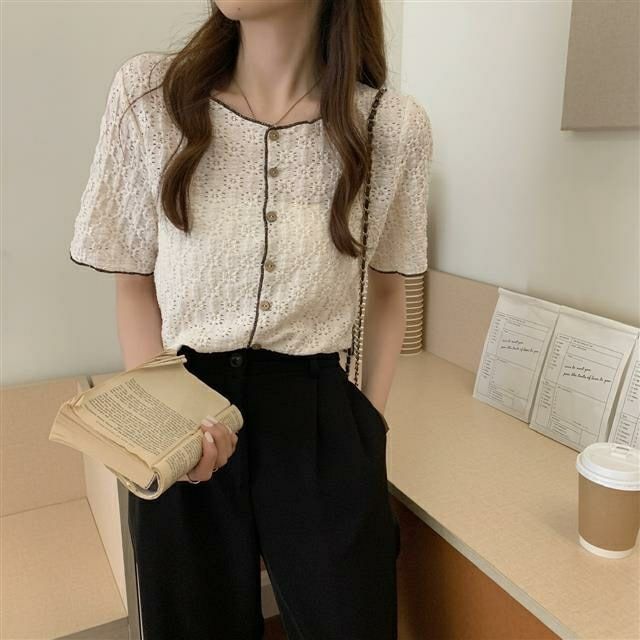 Lace Button-Up Blouse with Puff Sleeves and Contrast Trim