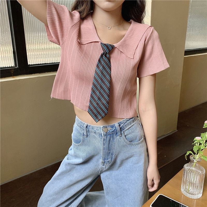 Ribbed Plain Short-Sleeved Knit Polo Shirt