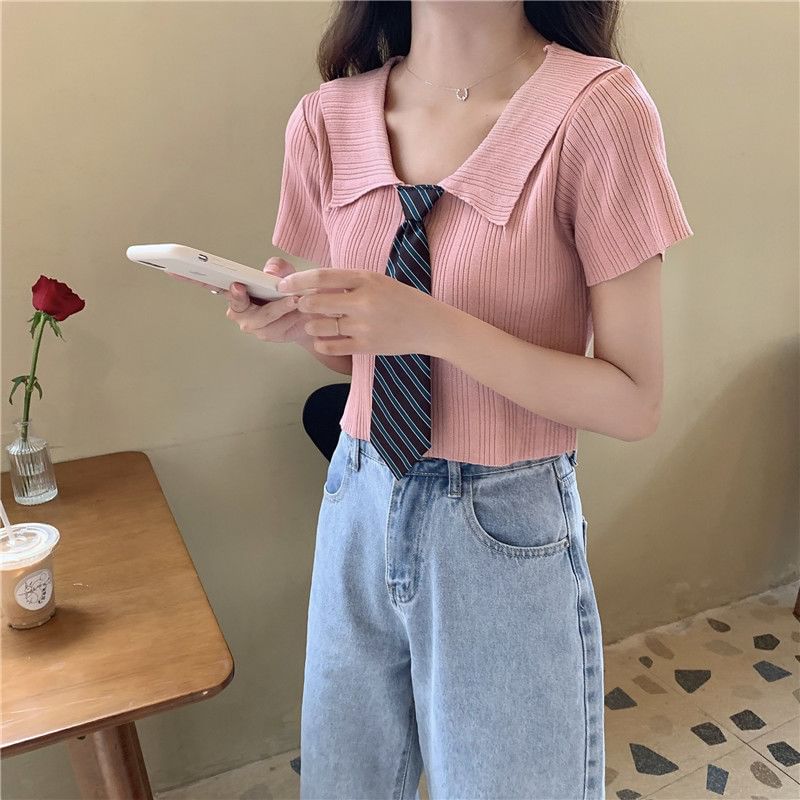 Ribbed Plain Short-Sleeved Knit Polo Shirt