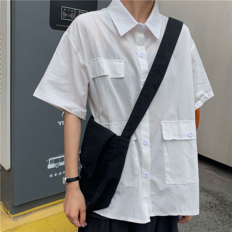 Plain Button-Up Short-Sleeved Shirt
