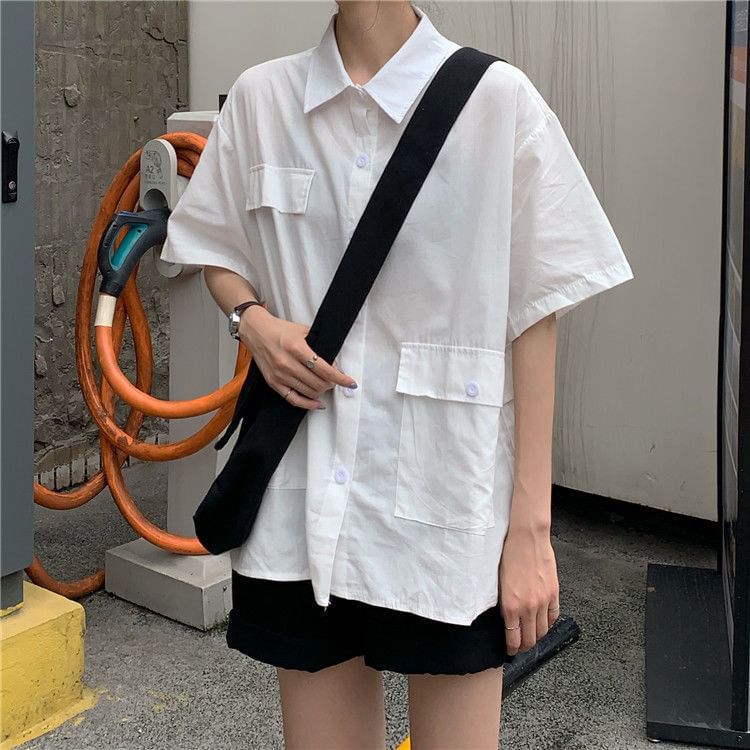 Plain Button-Up Short-Sleeved Shirt