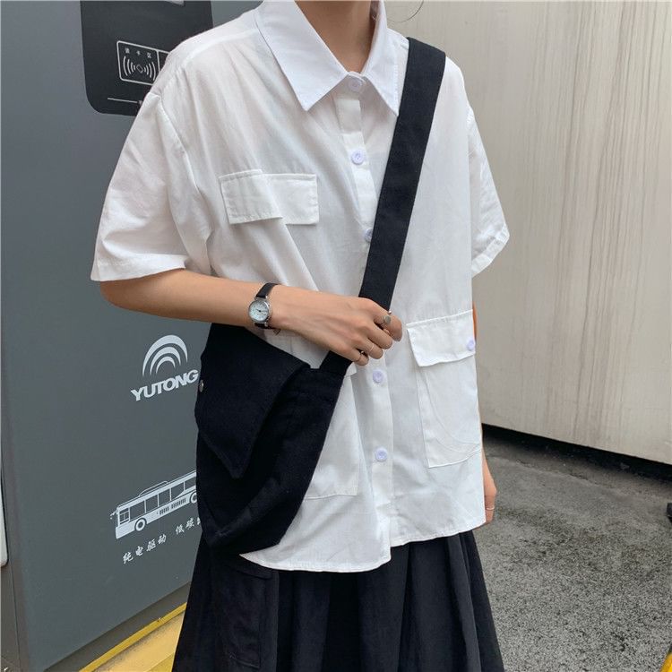 Plain Button-Up Short-Sleeved Shirt