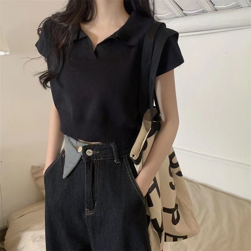 Plain Short-Sleeved Knit Polo Shirt