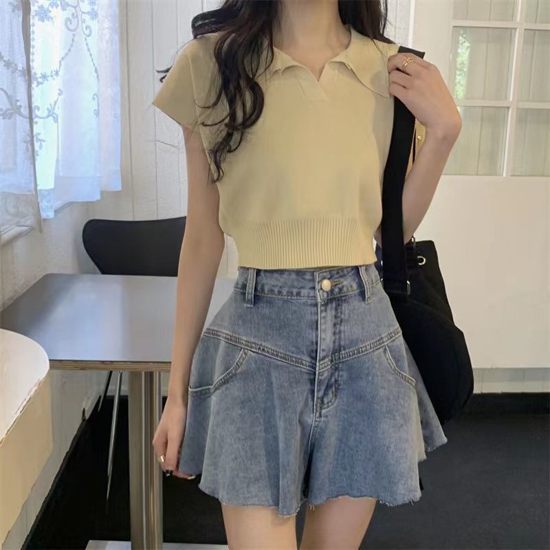 Plain Short-Sleeved Knit Polo Shirt