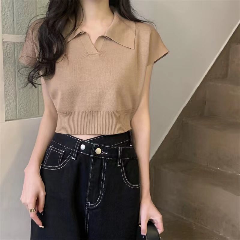 Plain Short-Sleeved Knit Polo Shirt