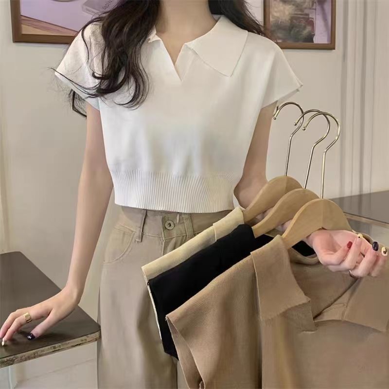 Plain Short-Sleeved Knit Polo Shirt