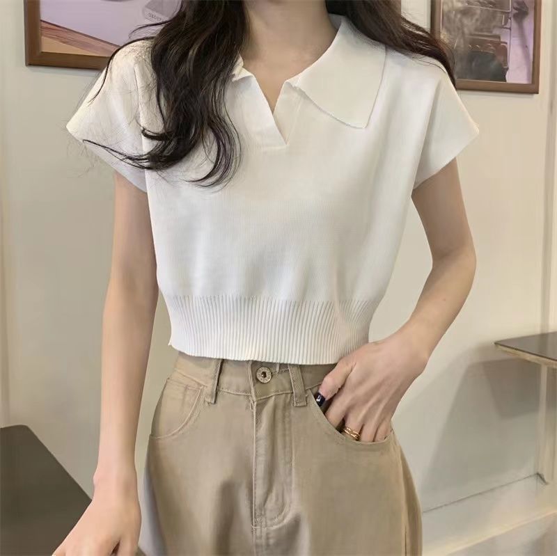 Plain Short-Sleeved Knit Polo Shirt