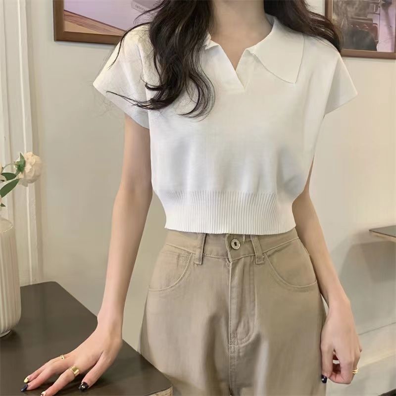 Plain Short-Sleeved Knit Polo Shirt