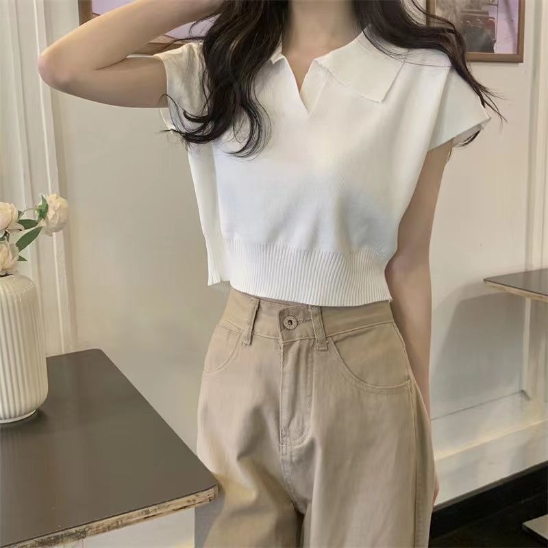 Plain Short-Sleeved Knit Polo Shirt