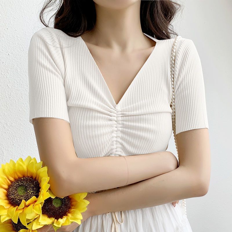 Ribbed Plain V-Neck Short-Sleeved Drawstring Knit Top