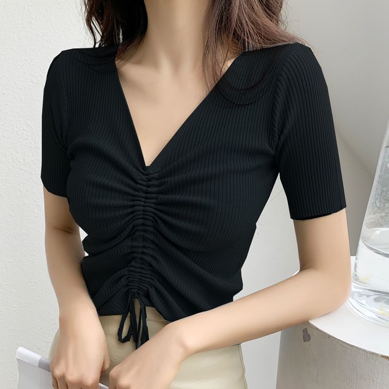 Ribbed Plain V-Neck Short-Sleeved Drawstring Knit Top