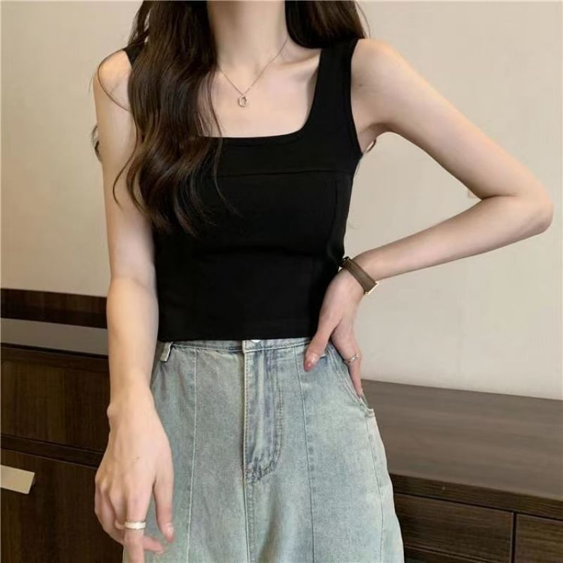 Plain Square-Neck Sleeveless Tank Top