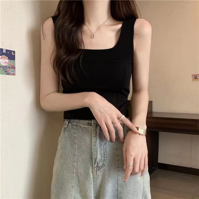 Plain Square-Neck Sleeveless Tank Top