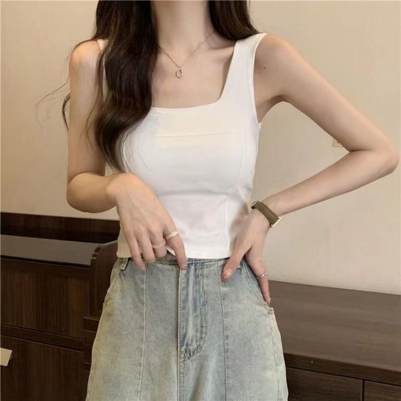 Plain Square-Neck Sleeveless Tank Top