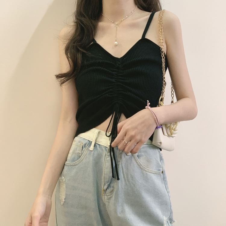 Ribbed Plain Drawstring Knit Cami Top