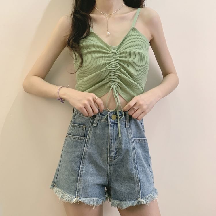 Ribbed Plain Drawstring Knit Cami Top