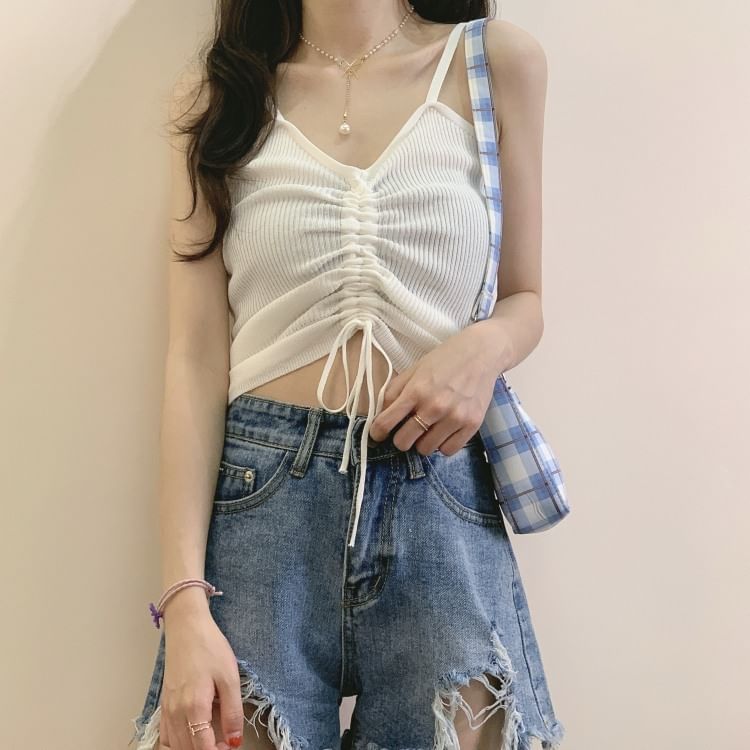 Ribbed Plain Drawstring Knit Cami Top
