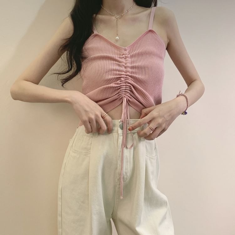 Ribbed Plain Drawstring Knit Cami Top