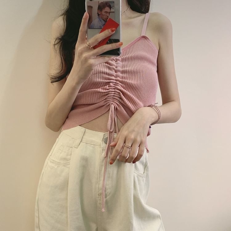 Ribbed Plain Drawstring Knit Cami Top