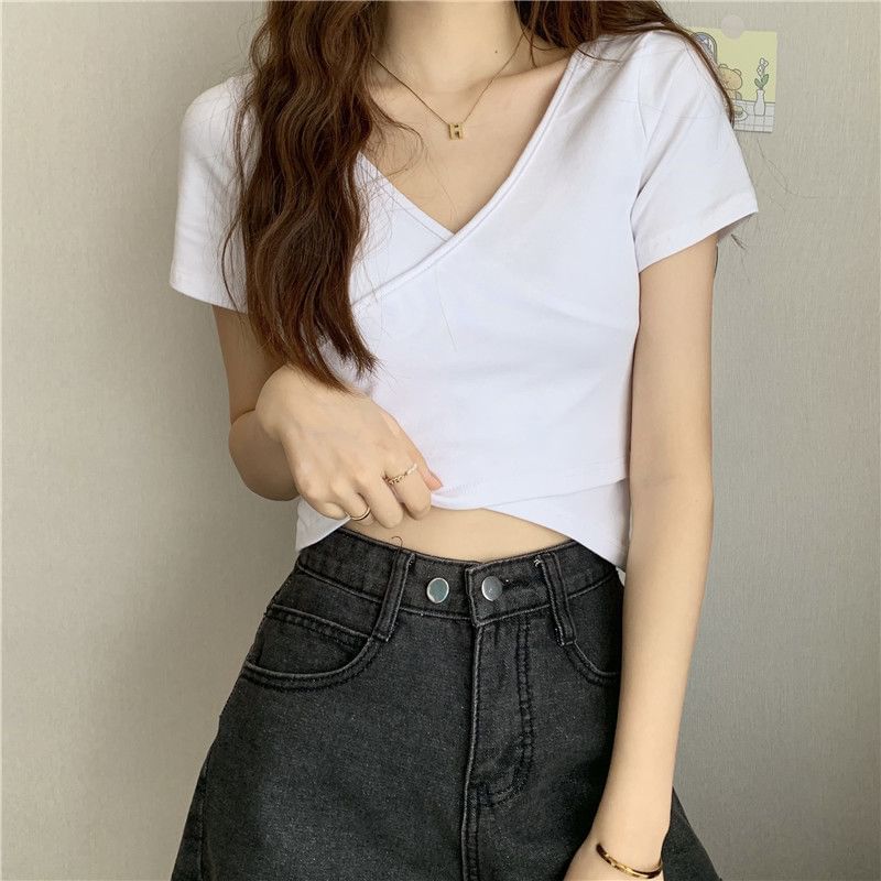 Plain Wrap V-Neck Short-Sleeved Cropped Tee