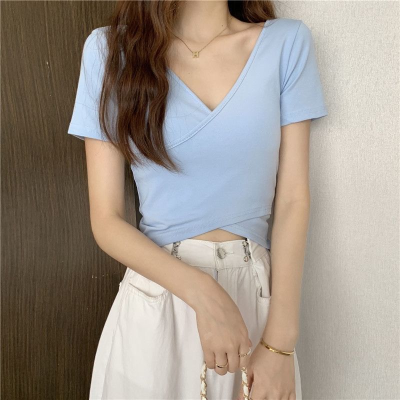 Plain Wrap V-Neck Short-Sleeved Cropped Tee