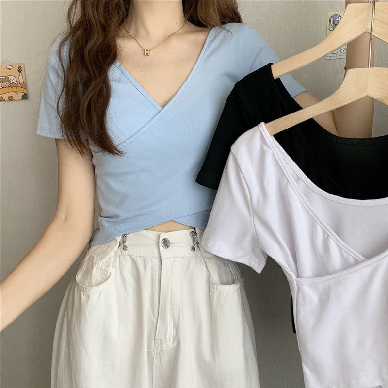 Plain Wrap V-Neck Short-Sleeved Cropped Tee