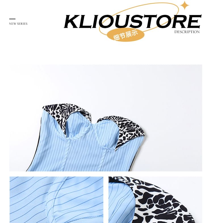 Striped Leopard-Print Paneled Cropped Bustier Top