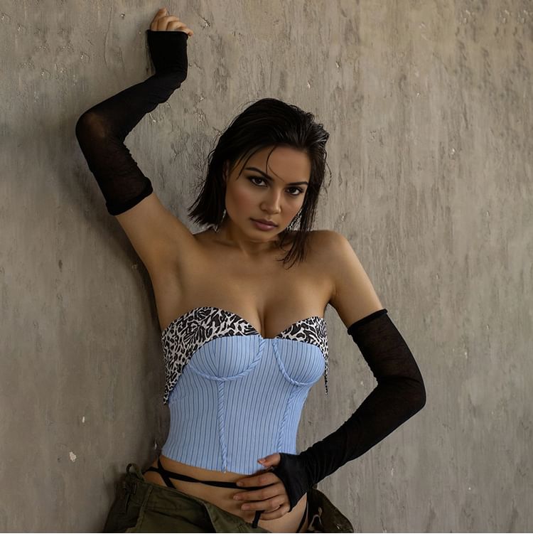 Striped Leopard-Print Paneled Cropped Bustier Top