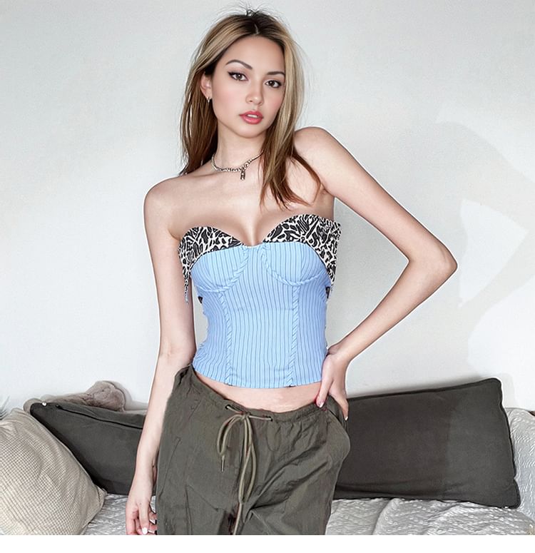Striped Leopard-Print Paneled Cropped Bustier Top