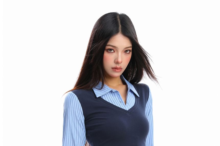 Striped Mock Two-Piece Panel Shirt, Long-Sleeved