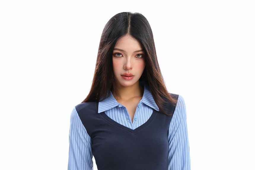 Striped Mock Two-Piece Panel Shirt, Long-Sleeved