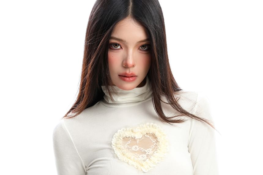 Heart Mesh Ruffle High-Neck Tee, Long-Sleeved