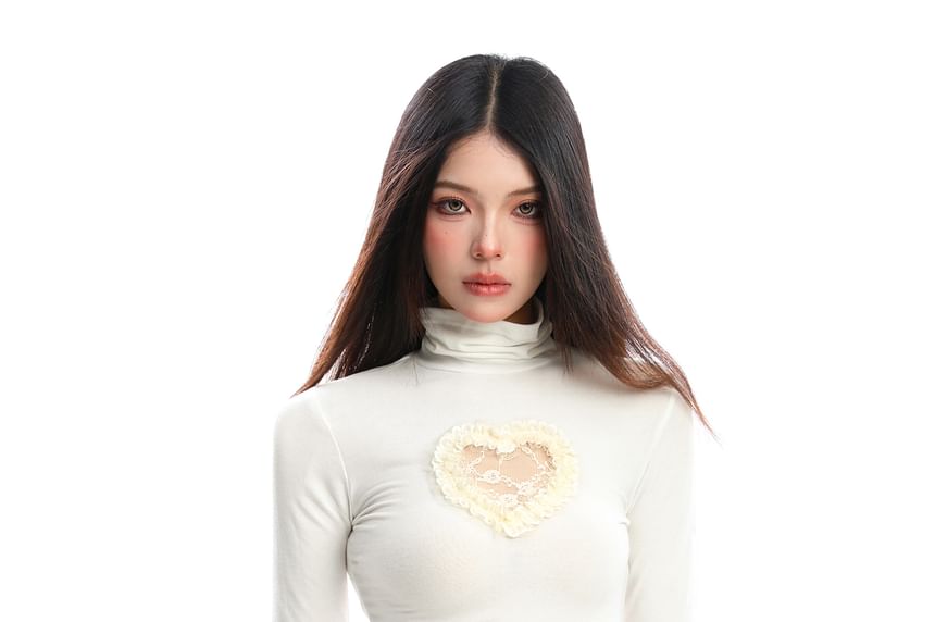 Heart Mesh Ruffle High-Neck Tee, Long-Sleeved
