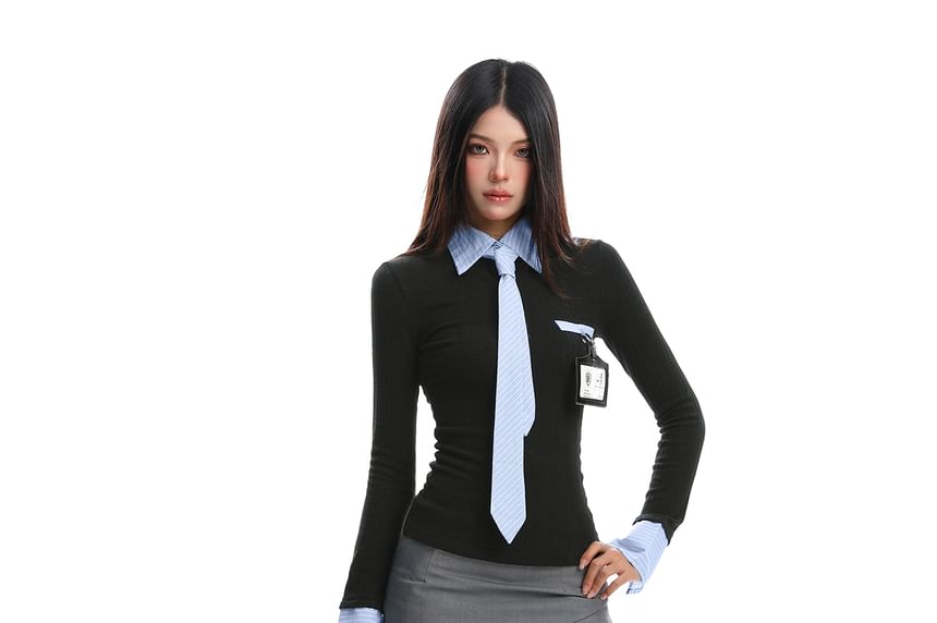 Striped Ribbed Mock Two-Piece Collar Tee, Long-Sleeved