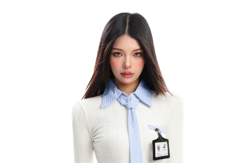 Striped Ribbed Mock Two-Piece Collar Tee, Long-Sleeved