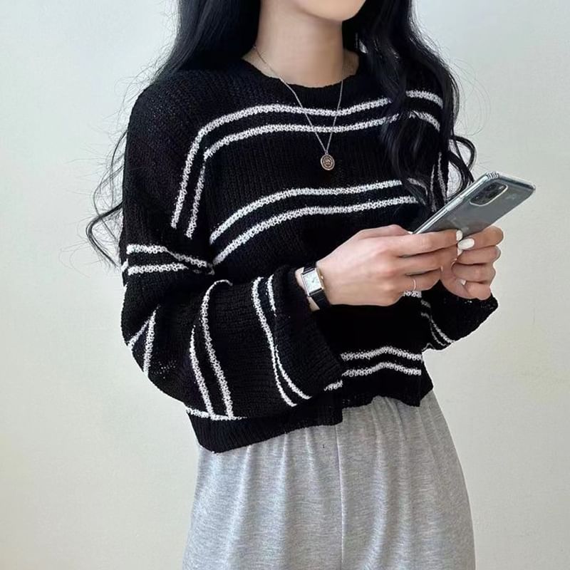 Striped Sheer Cropped Knit Top, Round-Neck Long-Sleeved