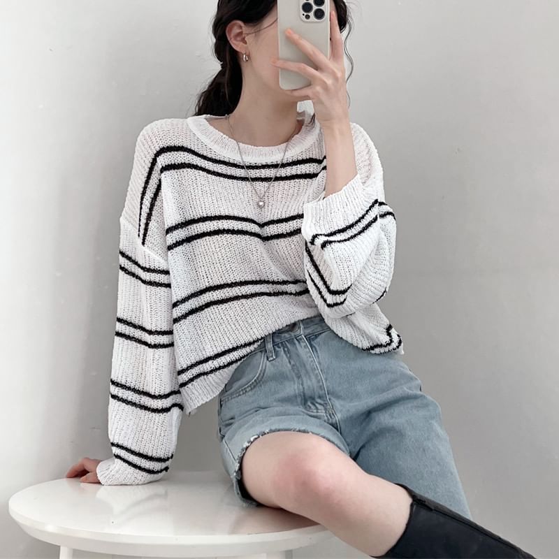 Striped Sheer Cropped Knit Top, Round-Neck Long-Sleeved