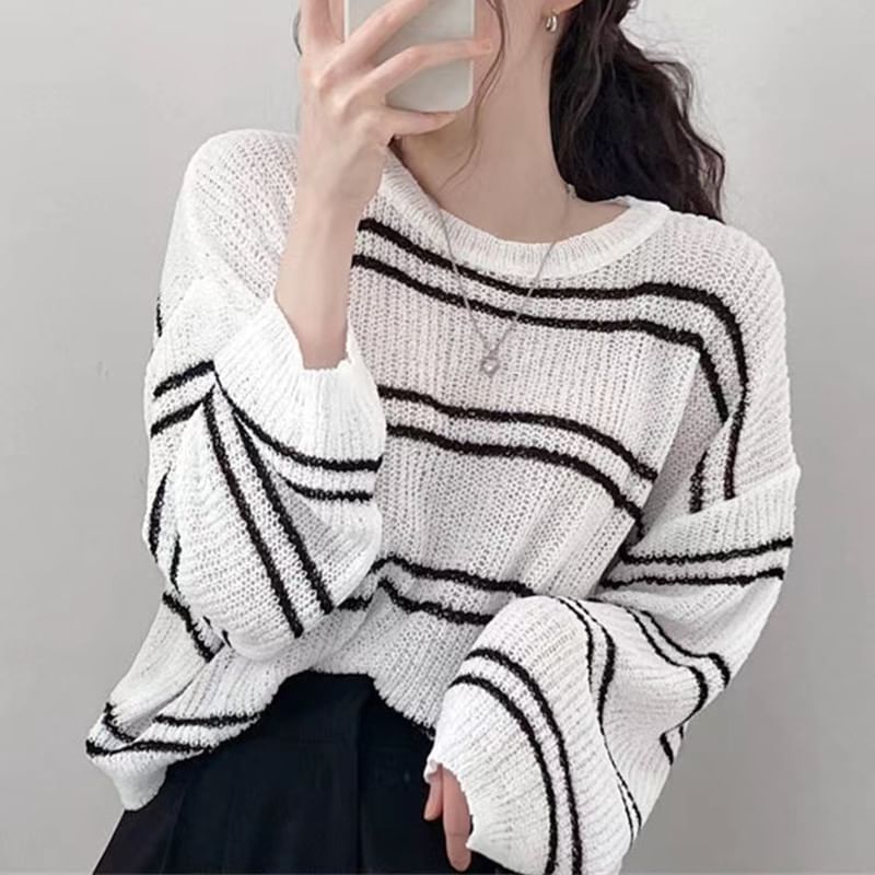 Striped Sheer Cropped Knit Top, Round-Neck Long-Sleeved