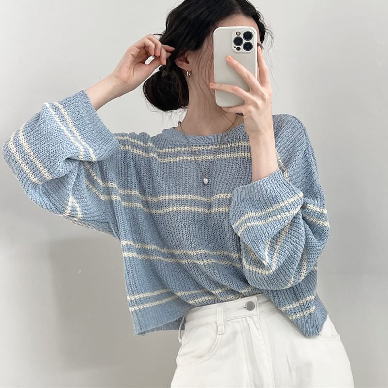 Striped Sheer Cropped Knit Top, Round-Neck Long-Sleeved