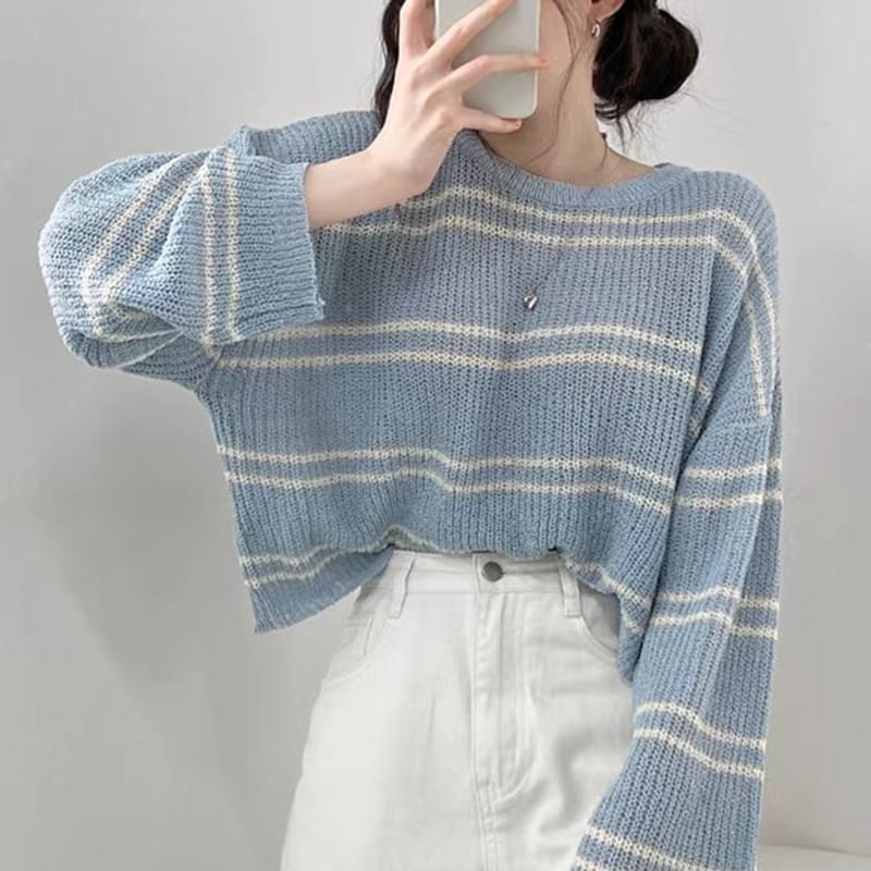 Striped Sheer Cropped Knit Top, Round-Neck Long-Sleeved