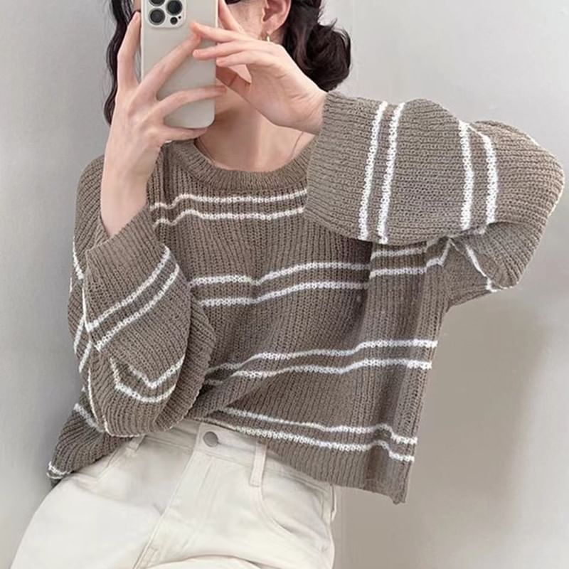 Striped Sheer Cropped Knit Top, Round-Neck Long-Sleeved