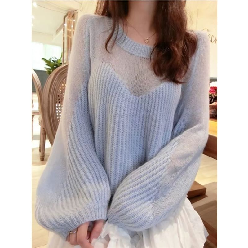 Plain Sheer Panel Crewneck Sweater