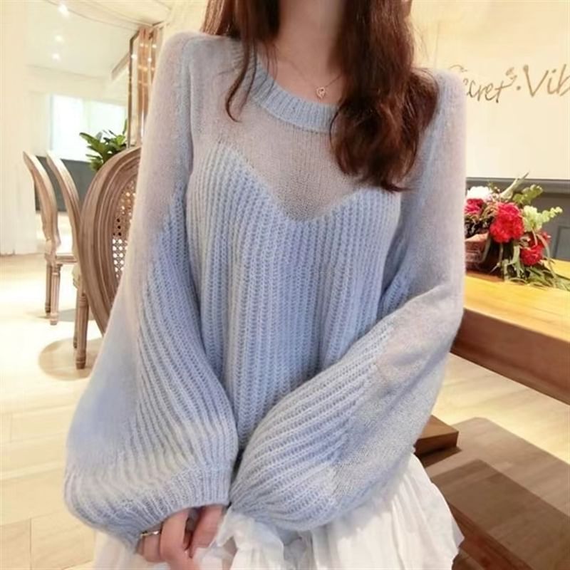 Plain Sheer Panel Crewneck Sweater